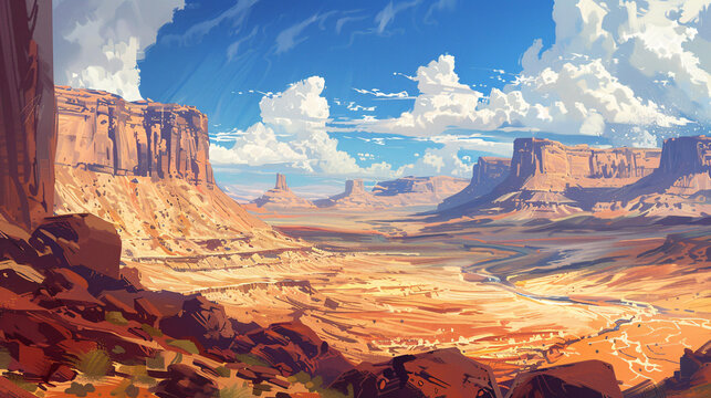 vast desert landscape with towering red rock formations, a river, and a blue sky.