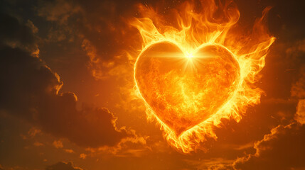 Fiery Heart Ablaze Against Sunset Sky - Conceptual Artwork