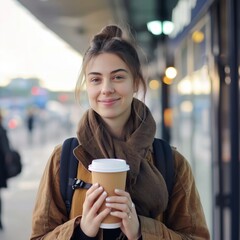 woman drinking coffee in bus station - obrazy, fototapety, plakaty