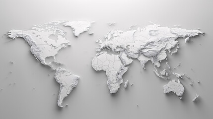 3D white world map on a grey background, highlighting continents and countries.