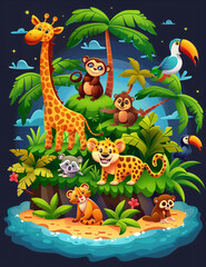 colorful illustration of cheerful animals in a jungle at night.