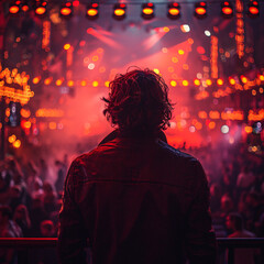 person overlooking a vibrant, illuminated crowd at a live concert. - obrazy, fototapety, plakaty