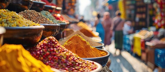 A close up shot of a traditional market with colorful aromatic spices and exotic flavors, creating a sensory and cultural atmosphere. Local wisdom and diversity of economic culture. - obrazy, fototapety, plakaty