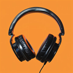 Fototapeta na wymiar pair of sleek black headphones on an orange background.
