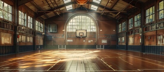a cinematic photo of an old basketball court in the middle of nature, the sun shines through large windows on to the floor and creating rays across it, a classic wooden ceiling with metal beams above,