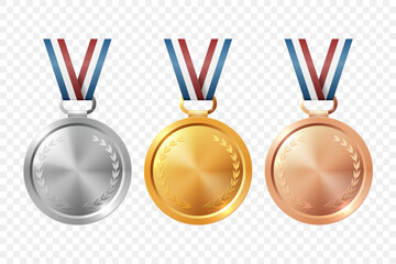 Vector Realistic Blank Golden, Silver, Bronze Award Medal Icon Set, Closeup, Isolated. First, Second, Third Place Prizes. Design Template for Sport Tournament Victory Concept. Front View