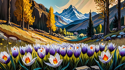 Nature's Palette: Crocuses and Mountains Painted in Oil