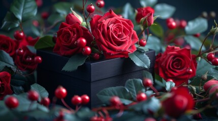 Luxurious red roses and berries on a black box