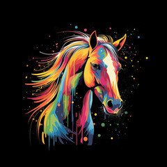 Obraz na płótnie Canvas A colorful, abstract horse painted with vibrant splashes of paint against a dark, starry background.