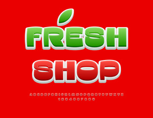 Vector bright signboard Fresh Shop. Modern Artistic Font. Stylish Alphabet Letters and Numbers set.