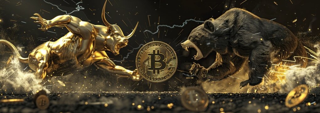 A golden bull and bear fighting around the bitcoin logo on a black background