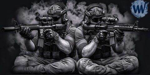 private military contractors in plate carrier body armor, modern assault rifles, created by ai - obrazy, fototapety, plakaty