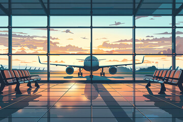 A serene airport scene at sunset, showcasing a plane ready for departure and the beauty of flight - obrazy, fototapety, plakaty