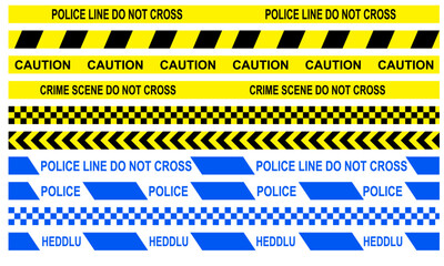 Collection of Police "Do not cross", Caution, Police and warning investigation scene type tape