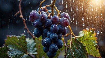 Grapes in the rain on a dark background. Shallow depth of field with copy space