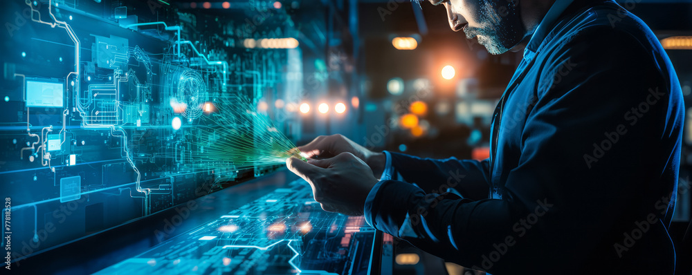 Poster network engineer utilizes advanced digital technology for cybersecurity in data center, analyzing da