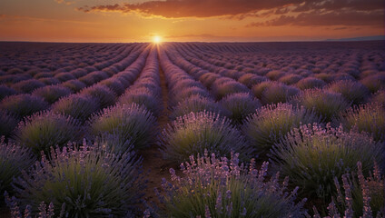 Rows of lavender plants stretch to the horizon, with the sun setting behind them.  