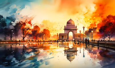 Watercolor Painting of India Gate and Vibrant Sunset Sky Reflected in Water, Artistic Illustration of New Delhi's Iconic Landmark and Indian Culture - obrazy, fototapety, plakaty