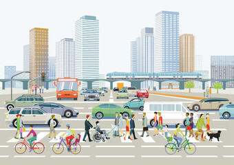 Stadtsilhouette einer Stadt mit Verkehr und Menschen,  illustration - 778182591