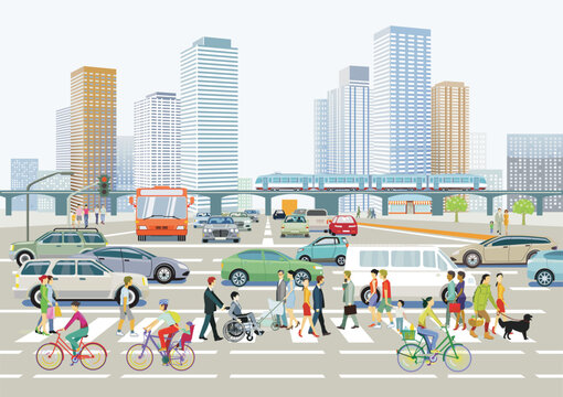 Stadtsilhouette einer Stadt mit Verkehr und Menschen,  illustration