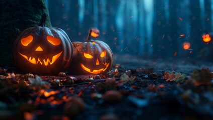 There are a lot of pumpkins in the forest for Halloween. They create an atmosphere of a mysterious holiday among the trees, give the forest a mystery - obrazy, fototapety, plakaty