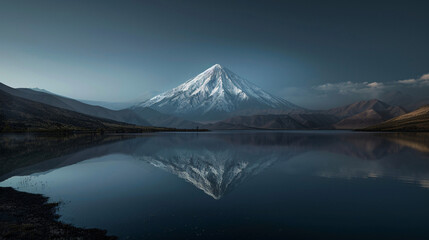 Snowy mountain reflects in tranquil lake amidst serene landscape