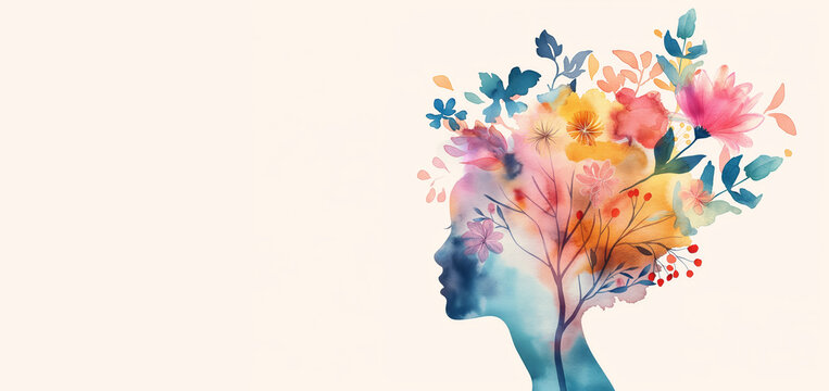 A colorful watercolor silhouette of a woman's head is depicted on a white background. Tree branches grow out of it, flowers penetrating through the hair and blooming around