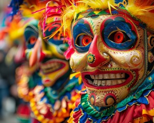 Cultural festivals, close-up on colorful costumes and traditional masks, celebrating diversity and unity