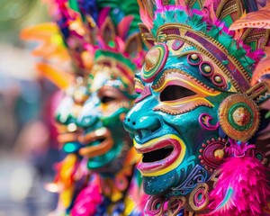 Celebrate cultural diversity with a detailed view of colorful costumes and traditional masks at festive gatherings, promoting unity.