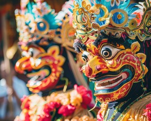 Close-up depiction of colorful costumes and traditional masks at cultural festivals, embodying the celebration of diversity and unity.