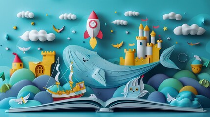 Vibrant 3D paper cut illustration of a childrens book open to a