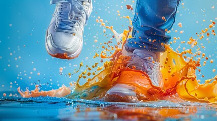 High-speed snapshot of colorful paint splash and sport shoe.