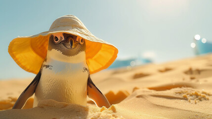 Closeup of a Penguin under a sunshade in the desert mirage of icebergs in the distance watercolor heat