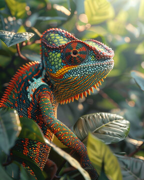 Colorful Chameleon, scales, vibrant reptile, blending into a lush rainforest, sunny day, photorealistic, backlighting, depth of field bokeh effect
