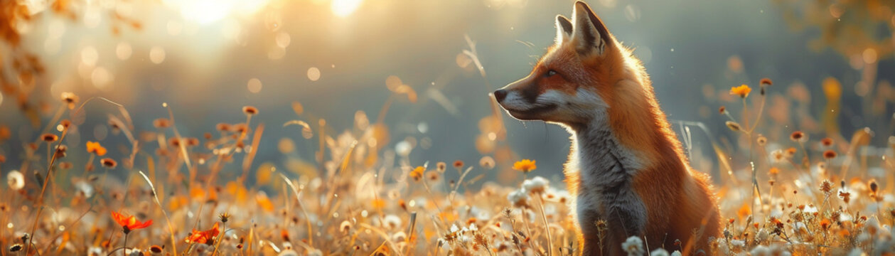 Fox, wildflowers, urban sanctuary, overlooking a bustling city, sunlight, photography, backlights, bokeh effect