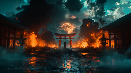 Torii Gate Amidst Fiery Eclipse - obrazy, fototapety, plakaty