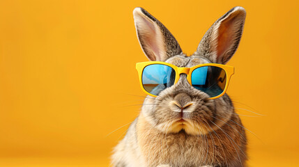 A close-up of a rabbit wearing yellow sunglasses against a vibrant orange background.