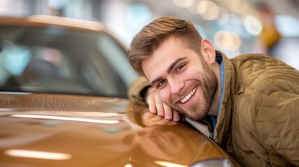 Portrait of happy smiling customer male hugging, stroking car hood after purchased in dealership, closeup. Overjoyed bearded young man leaning at surface of luxury automobile at showroom.