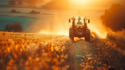 Fototapeta premium Tractor tilling field at sunrise with dust