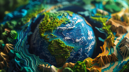 Obraz na płótnie Canvas A 3D topographic globe with detailed, vibrant terrains and oceans, highlighting Earth’s diverse landscapes.