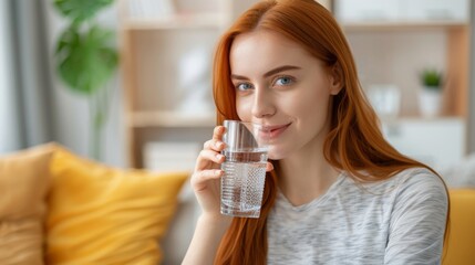 Close-up face of pretty redhead female drinking still water at home. Concept of quench thirst, water balance and weight control, caring of skin and body, hangover relief, body refreshment.