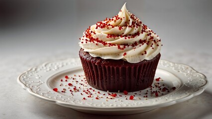 Red velvet cupcakes with whipped cream and raspberries in a plate on a white background