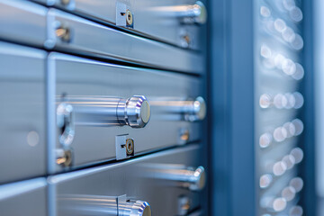 Close-up bank silver safe deposit box, nobody, background with copy space. Safe storage of valuable things in a safe deposit box.