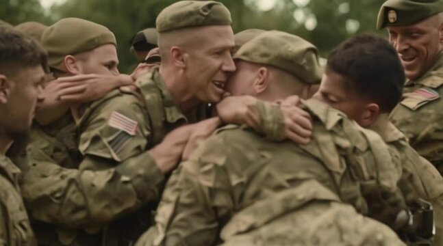 Slow-motion scene of soldiers reuniting with loved ones.
