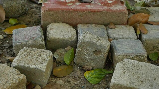 Brick fragments, stone rubble of damaged.Old construction materials cannot be used on the ground in the park.