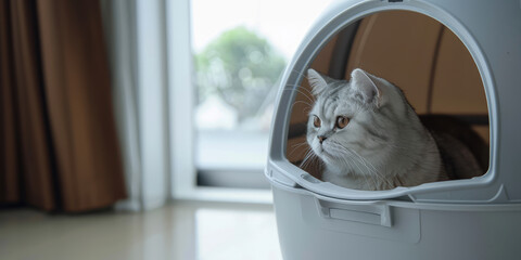Folding Hooded Cat Litter Box Enclosed Pet House Kitty Toilet Tray Self-Cleaning. Convenient modern litter box. - obrazy, fototapety, plakaty
