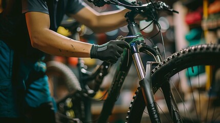 Detail close-up of unrecognizable repairman repairing mountain bike using special tool working in bicycle repair shop with dark interior. Concept of professional repair and maintenance of bicycle. - obrazy, fototapety, plakaty