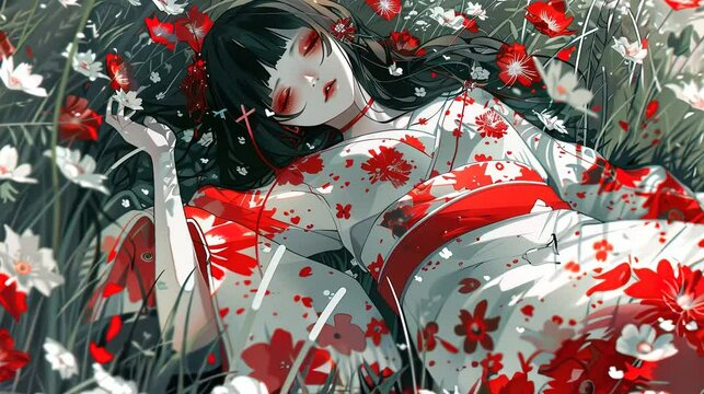 horror anime manga girl lying in flowers, wallpaper, background, illustration, animation