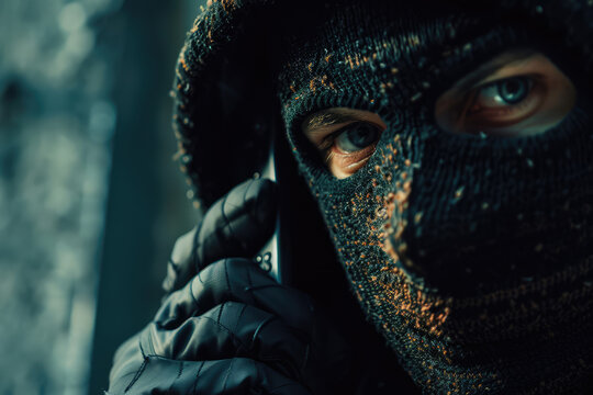 Male swindler in a bandit balaclava talking on a cell phone. Phone fraud, spam, scam, copy space.