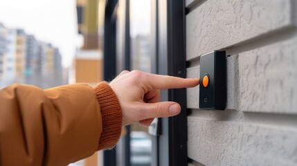 Close-up finger of unrecognizable man pushing doorbell button in entryway of apartment building. Closeup of male hand ringing door bell in block of flats. Salesman, guest or visitor behind door.